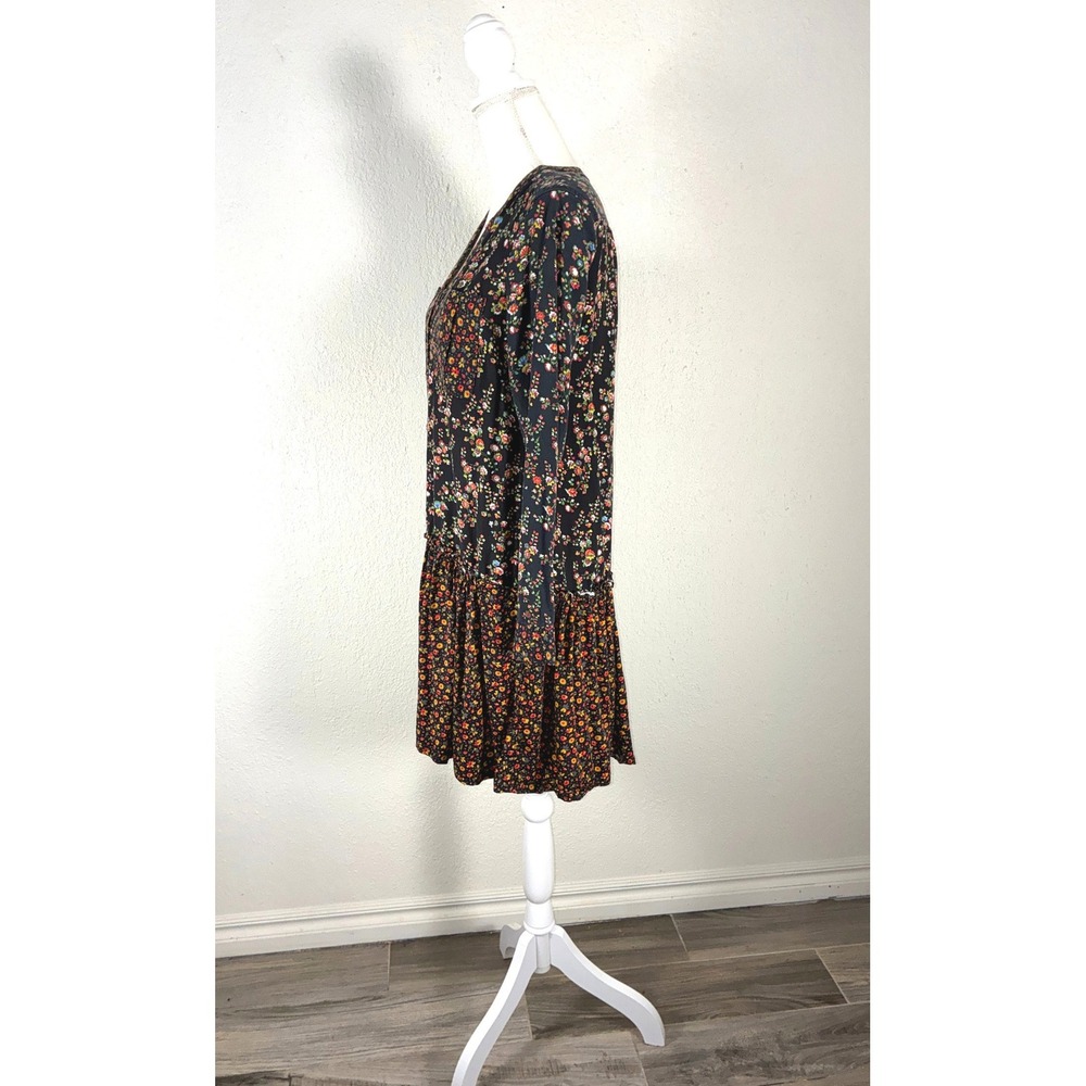 Maeve Anthropologie Mixed Floral Drop Waist Mini Dress Black Red Yellow Size 6
